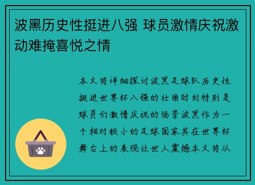波黑历史性挺进八强 球员激情庆祝激动难掩喜悦之情